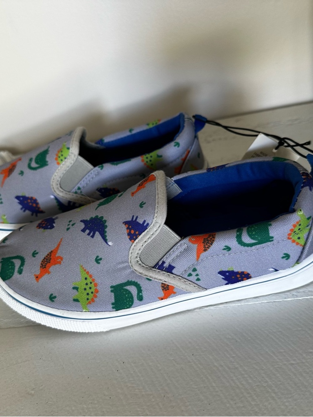 Kids Slip-On Sneakers with Colorful Dinosaur Print - Gray/Blue NWT